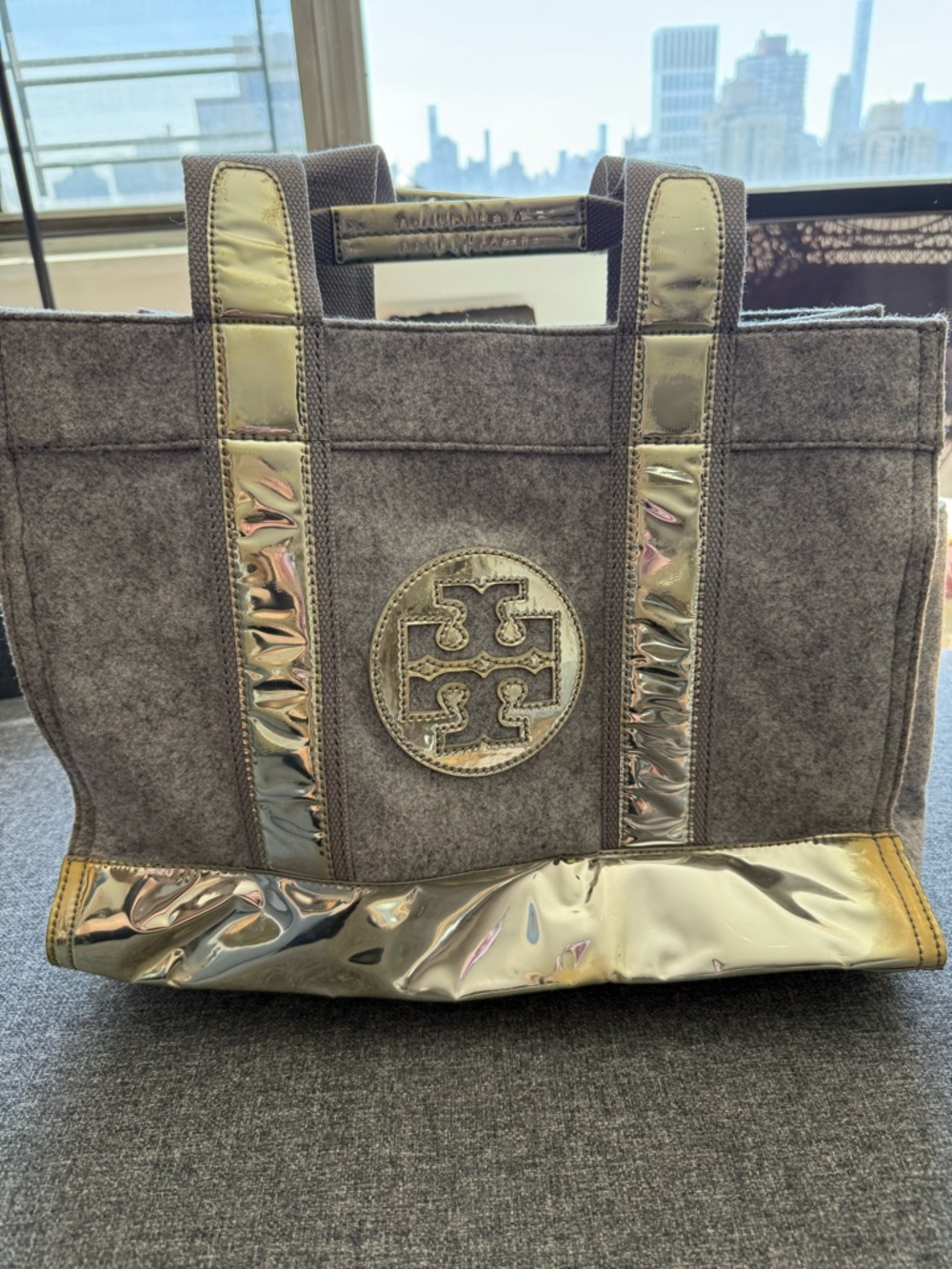 Tory Burch Gray Felt Tote with Silver Metallic Trim